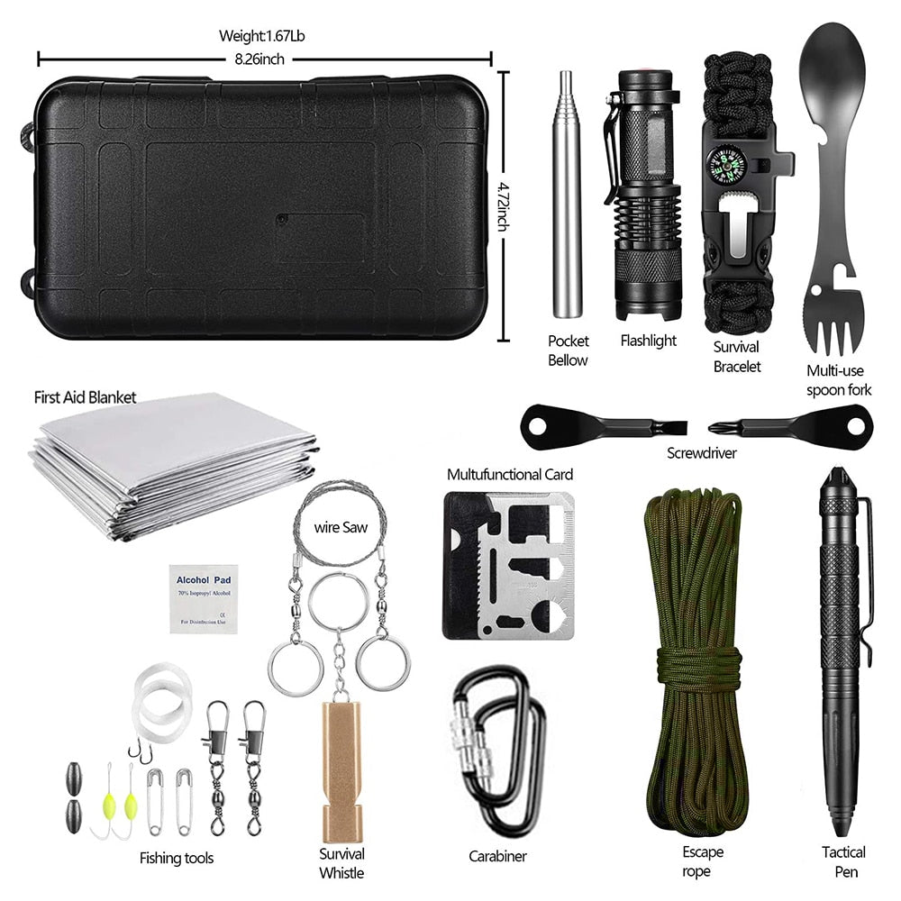 15 IN 1 Survival Kit Set Camping Travel Multifunction Tactical Defense Equipment First Aid SOS Wilderness Adventure