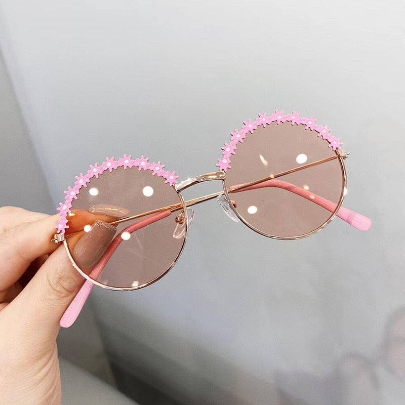 Round kids sunglasses Flower Baby Children Shades Sun Glasses Girls Cute Half Frame Metal Eywear UV400