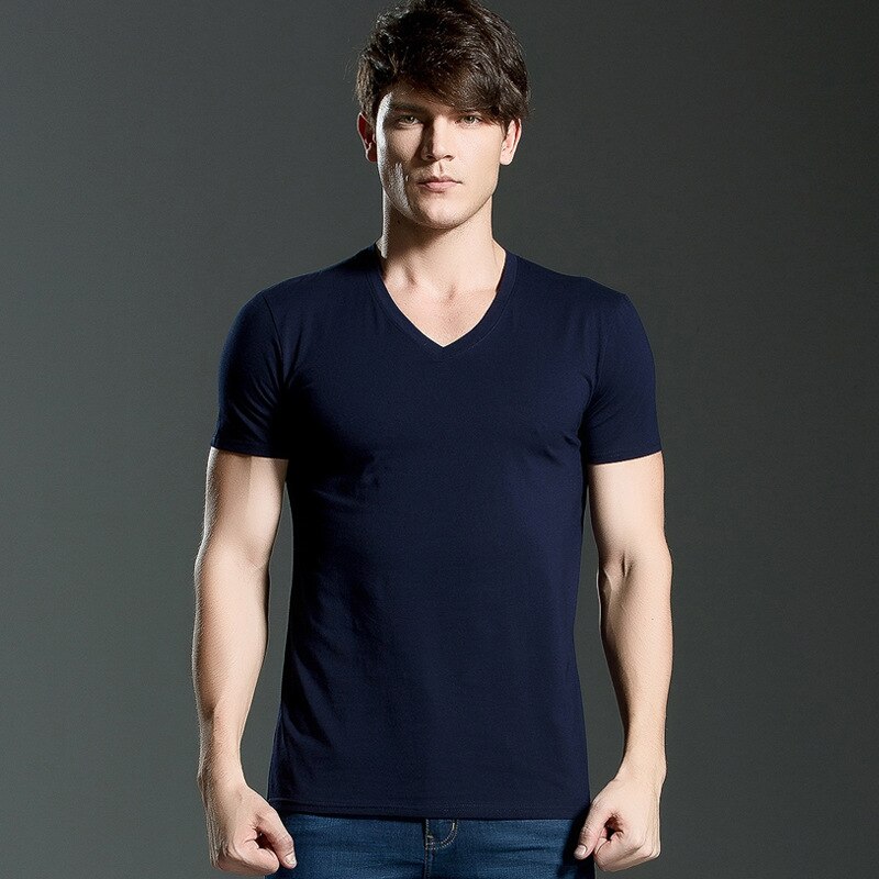 Brand New summer men&#39;s short-sleeved cotton T-shirt men&#39;s pure black casual slim v collar and o-neck Men&#39;s tops