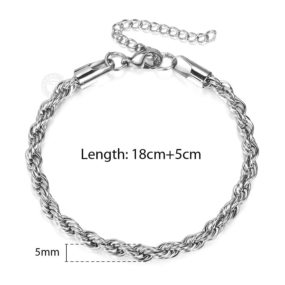 2/3/4/5mm Stainless Steel Twisted Rope Chain Bracelets for Women Men Fashion Punk Bangle Length Adjustable 18cm+5cm