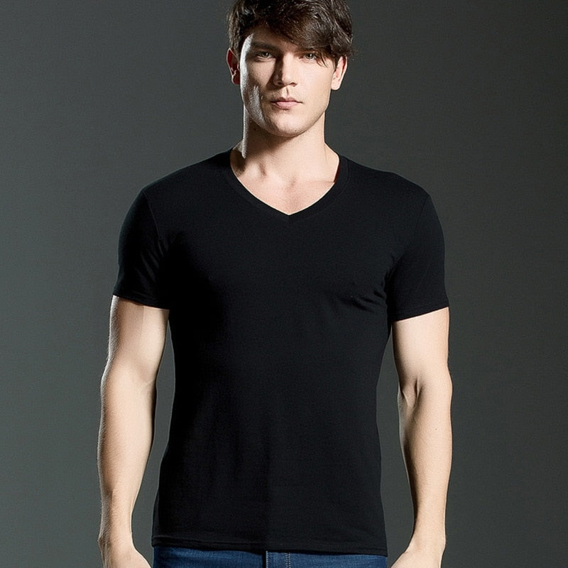 Brand New summer men&#39;s short-sleeved cotton T-shirt men&#39;s pure black casual slim v collar and o-neck Men&#39;s tops