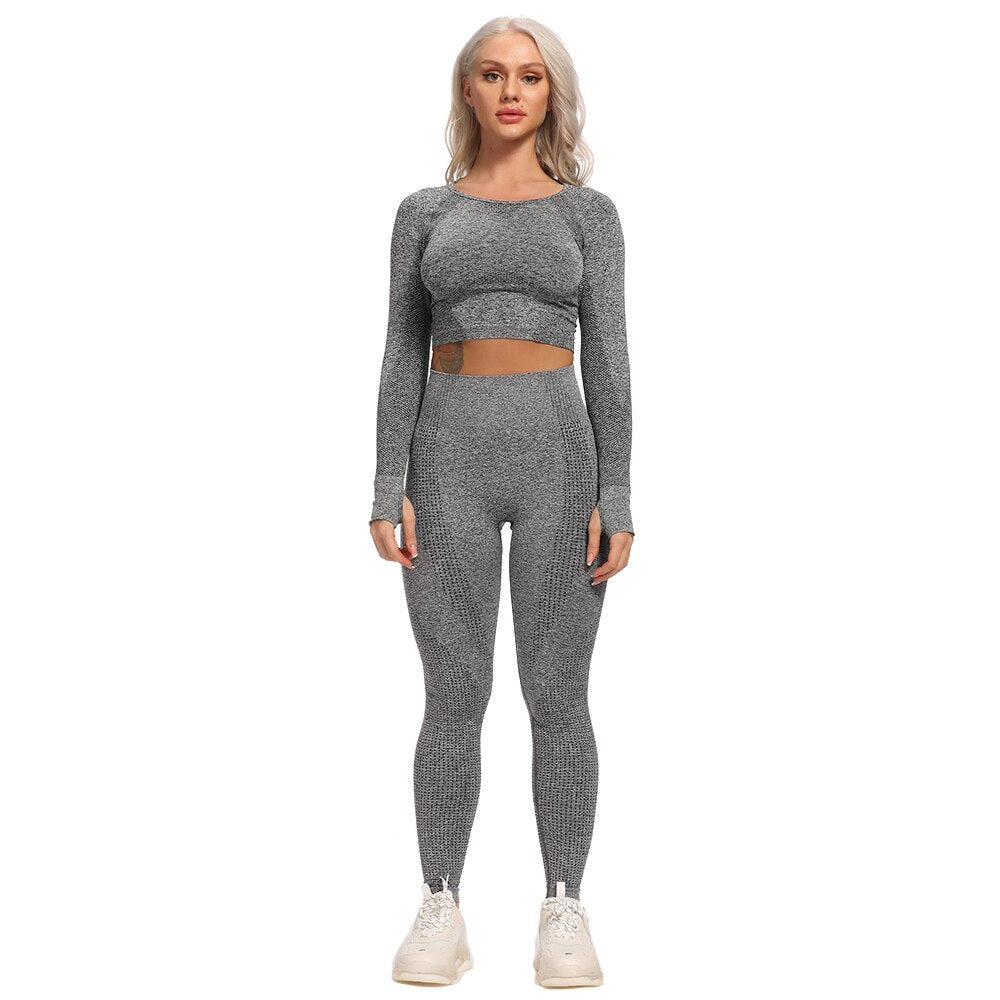 Seamless Yoga Set Fitness Women&#39;s Tracksuit Female Long Sleeve Crop Top High Waist Sports Leggings Workout Suits Gym Sportswear