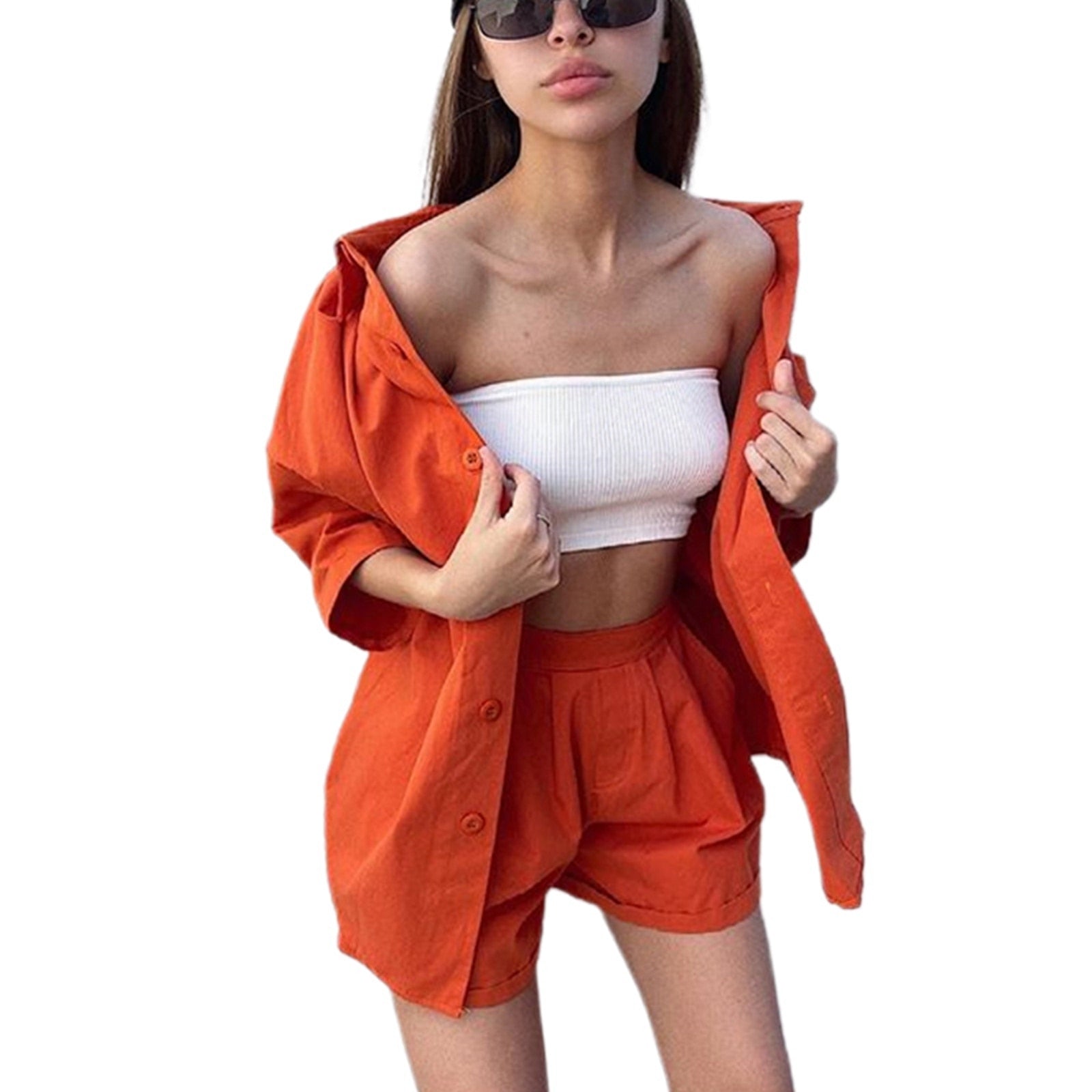 New Casual Summer Tracksuit Female Two Piece Set Solid Color Turn-Down Collar Short Sleeve Shirt Tops And Loose Mini Shorts Suit