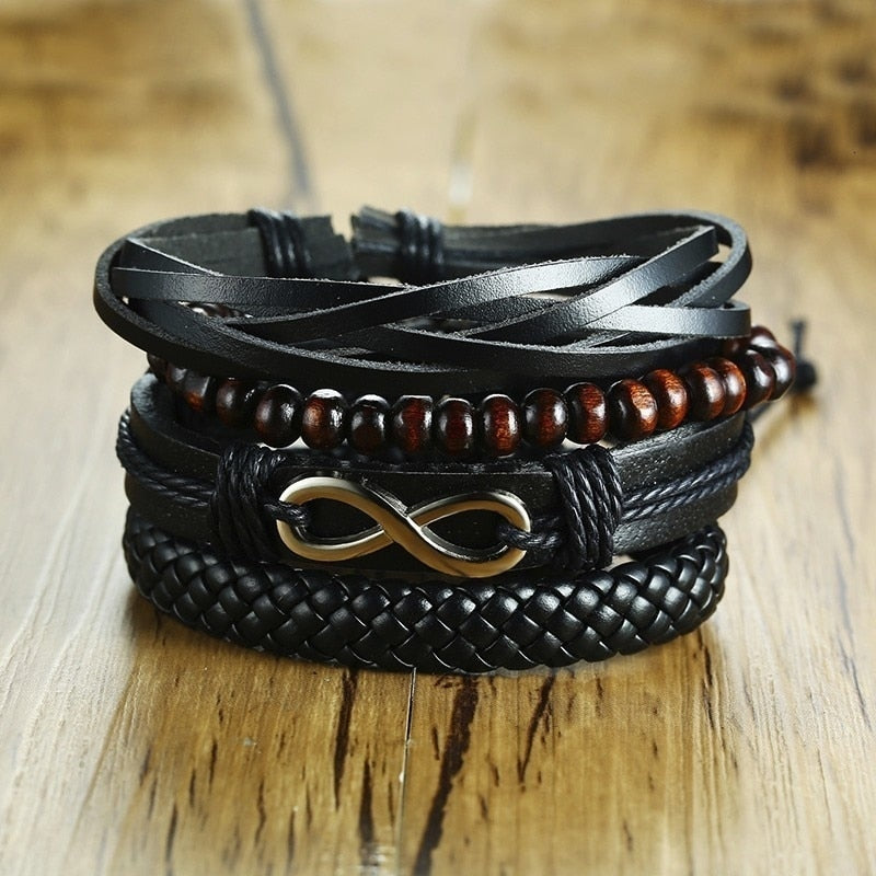 4Pcs/ Set Braided Wrap Leather Bracelets for Men Vintage Life Tree Rudder Charm Wood Beads Ethnic Tribal Wristbands