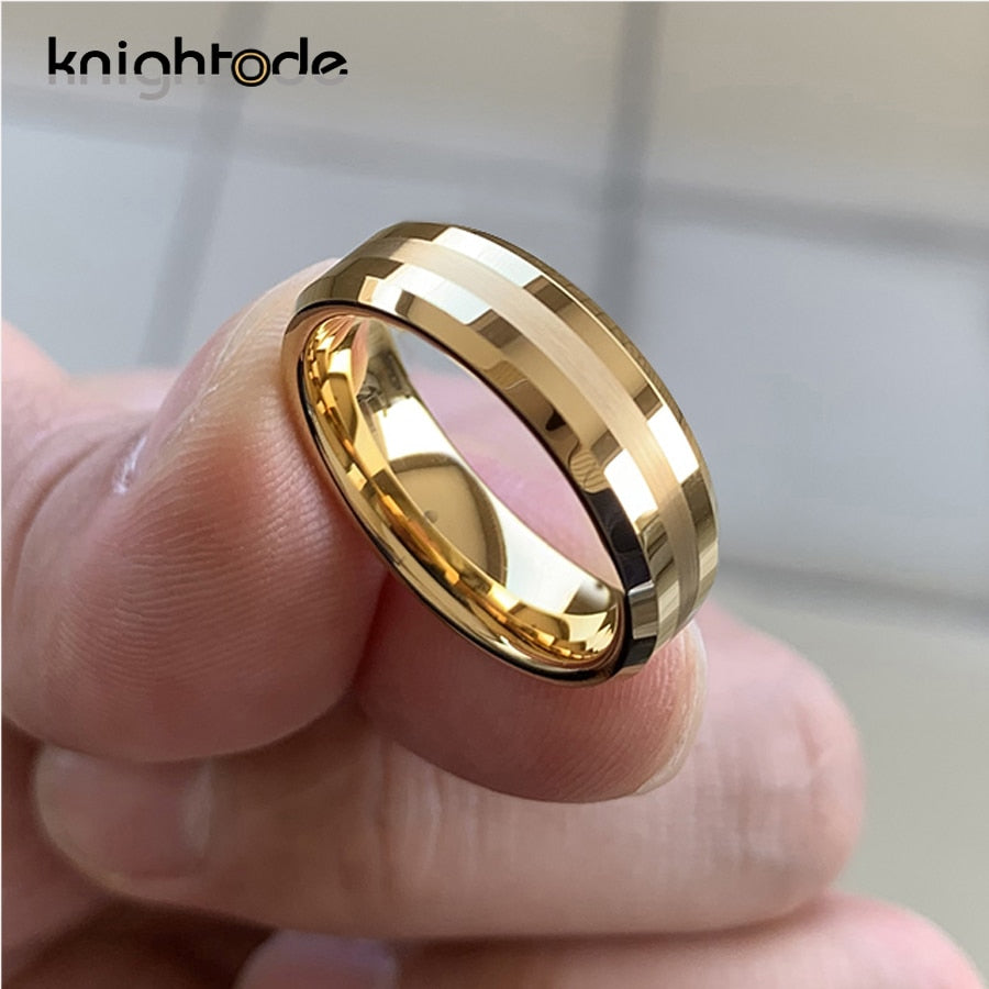 6mm 8mm Gold Tungsten Carbide Wedding Band For Men Women  Engagement Ring Center Brushed Beveled Edges Polished Comfort Fit