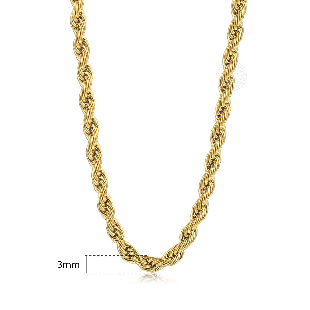 New Fashion Twisted Rope Link Chain Gold Color Stainless Steel Necklace for Men Unisex Chain Jewelry Gifts 22inch 3-7mm KNM178A