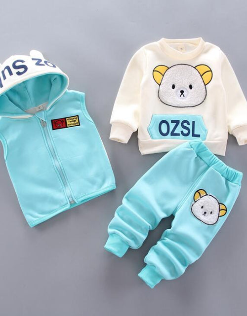 Load image into Gallery viewer, Baby Boys And Girls Clothing Set Tricken Fleece Children Hooded Outerwear Tops Pants 3PCS Outfits Kids Toddler Warm Costume Suit
