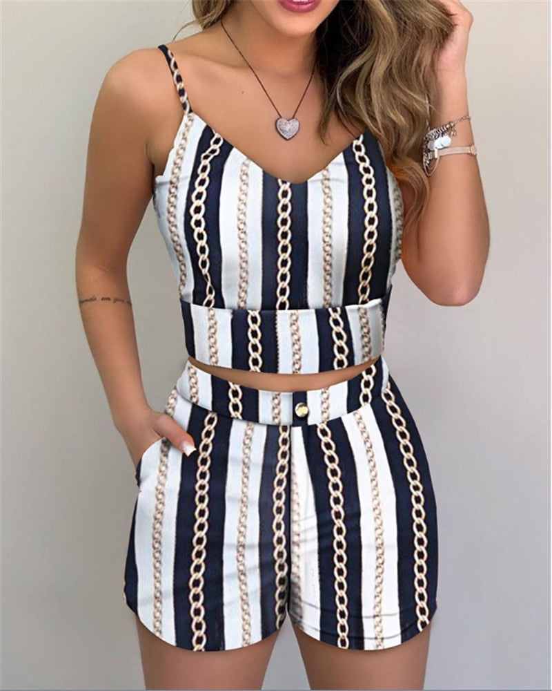 Summer Women Fashion 2-piece Outfit Set Sleeveless Print Top and Shorts Set for Ladies Women Party wear