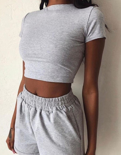 Load image into Gallery viewer, 2 Piece Set Women Summer O-Neck Casual Crop Top 2020 Female Clothing Tracksuit Pockets Loose Shorts Two Piece
