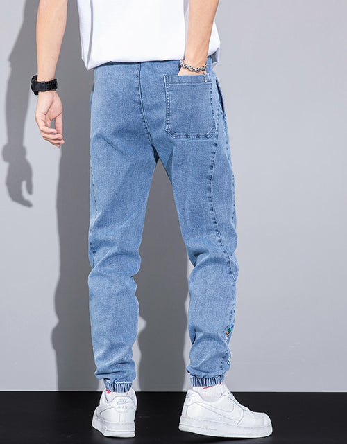 Load image into Gallery viewer, 2022 Spring Summer Loose Men&#39;s Jeans Text Embroidery Baggy Elastic Waist Harlan Cargo Jogger Trousers Male Grey Large Size M-8XL
