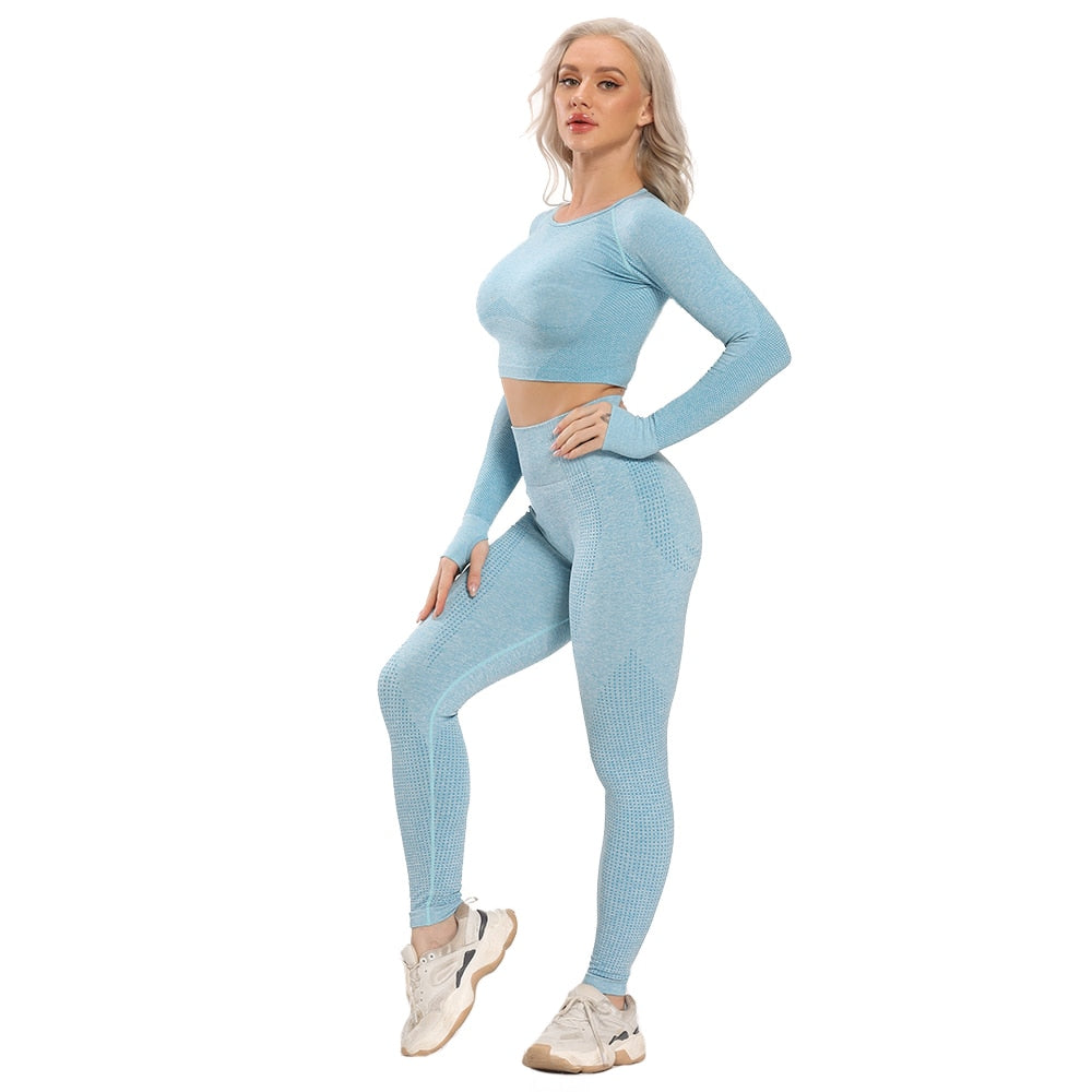 Seamless Yoga Set Fitness Women&#39;s Tracksuit Female Long Sleeve Crop Top High Waist Sports Leggings Workout Suits Gym Sportswear