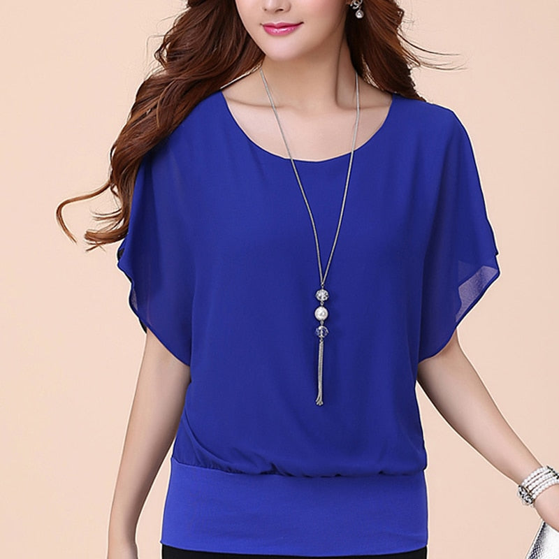 Casual Women Chiffon Blouse Female Solid Short Sleeve Ruffle Batwing Short Shirt Summer Beach Plus Size