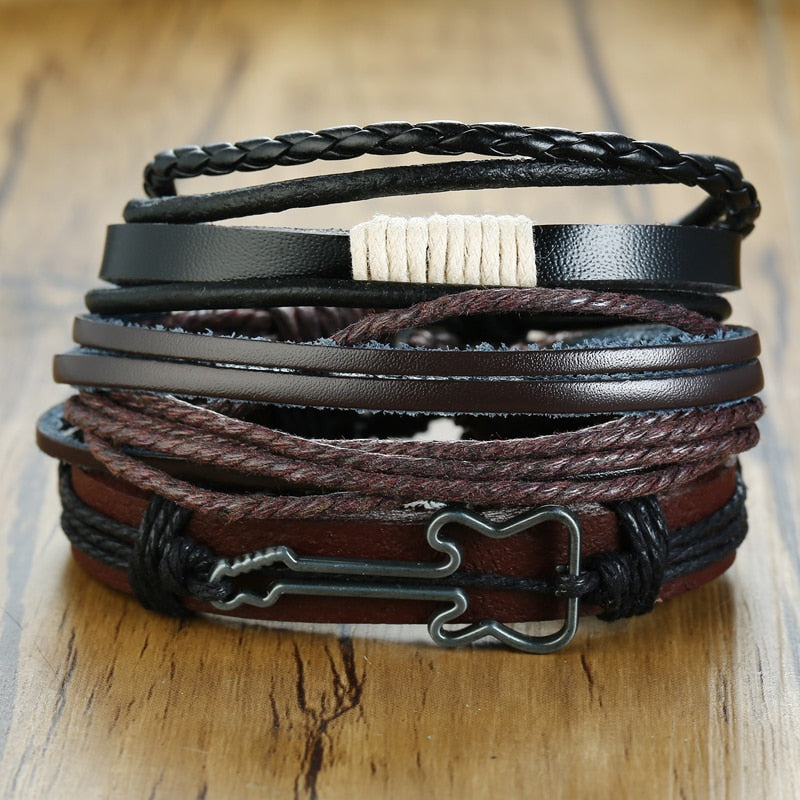 4Pcs/ Set Braided Wrap Leather Bracelets for Men Vintage Life Tree Rudder Charm Wood Beads Ethnic Tribal Wristbands