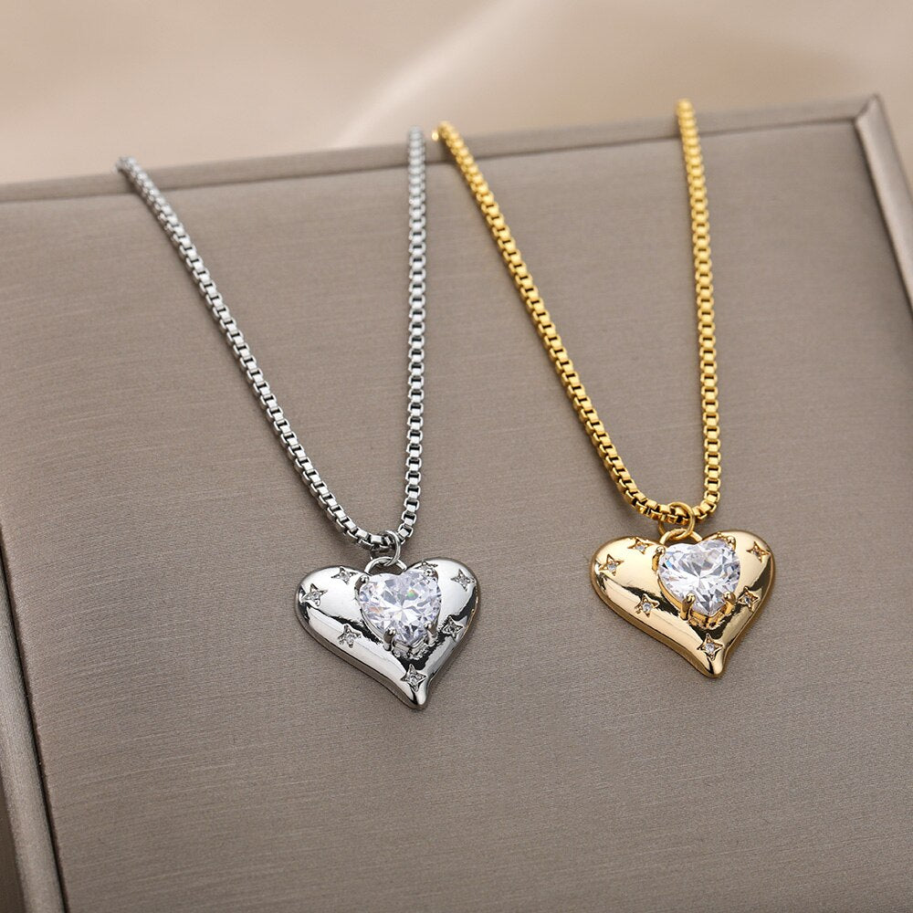 Heart Zircon Necklace for Women Stainless Steel Gold  Color Necklaces 2022 Trend Koeran Fashion Couple Jewelry collar