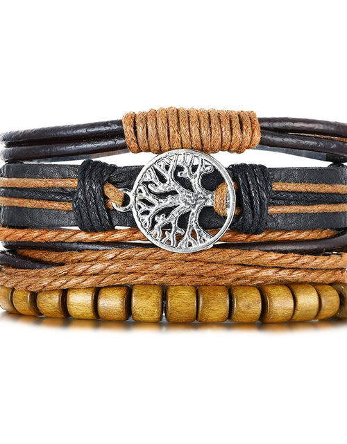 Load image into Gallery viewer, 4Pcs/ Set Braided Wrap Leather Bracelets for Men Vintage Life Tree Rudder Charm Wood Beads Ethnic Tribal Wristbands
