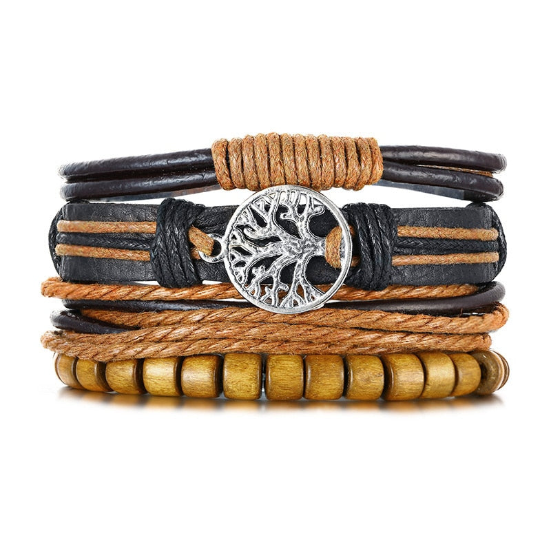 4Pcs/ Set Braided Wrap Leather Bracelets for Men Vintage Life Tree Rudder Charm Wood Beads Ethnic Tribal Wristbands