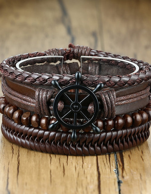 Load image into Gallery viewer, 4Pcs/ Set Braided Wrap Leather Bracelets for Men Vintage Life Tree Rudder Charm Wood Beads Ethnic Tribal Wristbands
