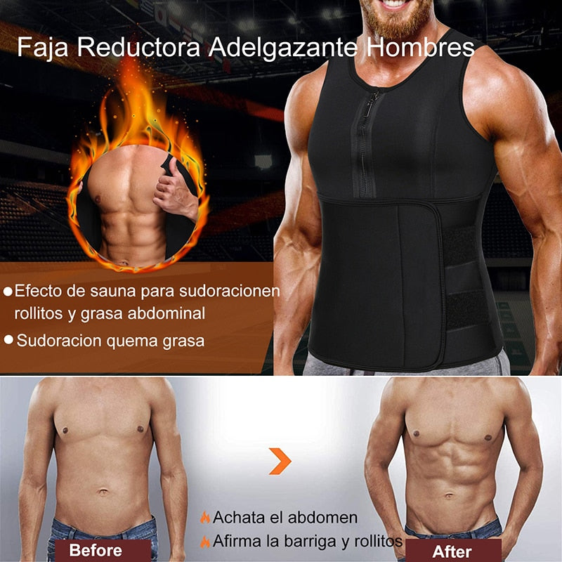 Neoprene Sauna Workout Suit Men Waist Trainer Corset Slimming Vest Zipper Body Shaper with Adjustable Tank Top Faja Shapewear