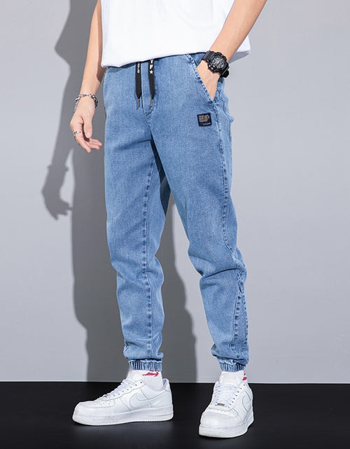 Load image into Gallery viewer, 2022 Spring Summer Loose Men&#39;s Jeans Text Embroidery Baggy Elastic Waist Harlan Cargo Jogger Trousers Male Grey Large Size M-8XL
