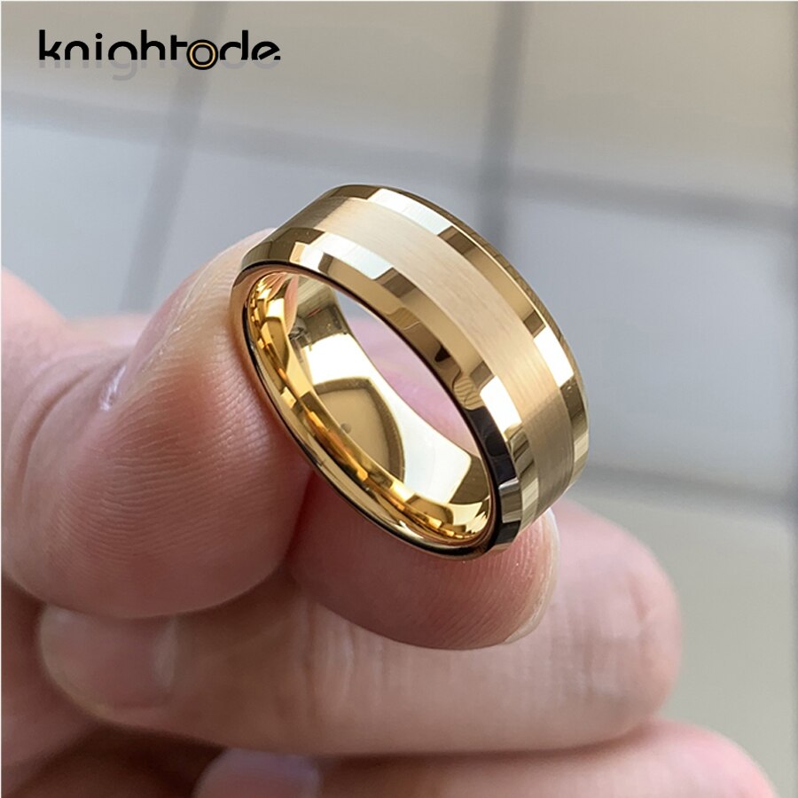 6mm 8mm Gold Tungsten Carbide Wedding Band For Men Women  Engagement Ring Center Brushed Beveled Edges Polished Comfort Fit