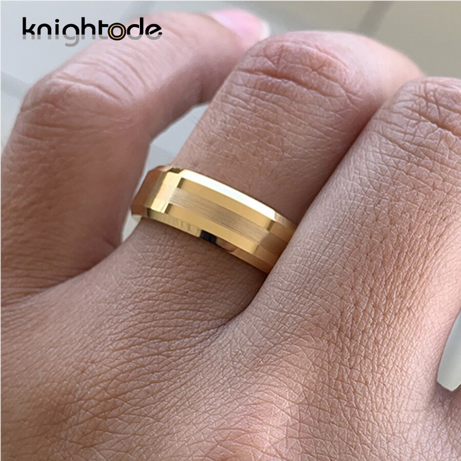 6mm 8mm Gold Tungsten Carbide Wedding Band For Men Women  Engagement Ring Center Brushed Beveled Edges Polished Comfort Fit