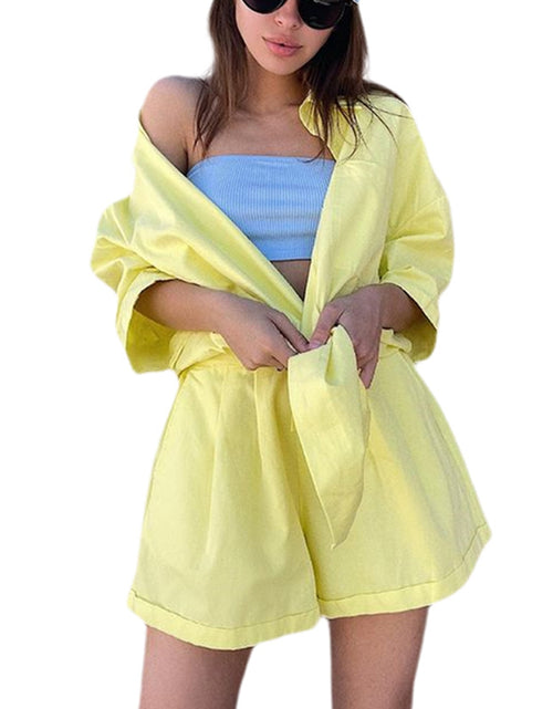 Load image into Gallery viewer, New Casual Summer Tracksuit Female Two Piece Set Solid Color Turn-Down Collar Short Sleeve Shirt Tops And Loose Mini Shorts Suit
