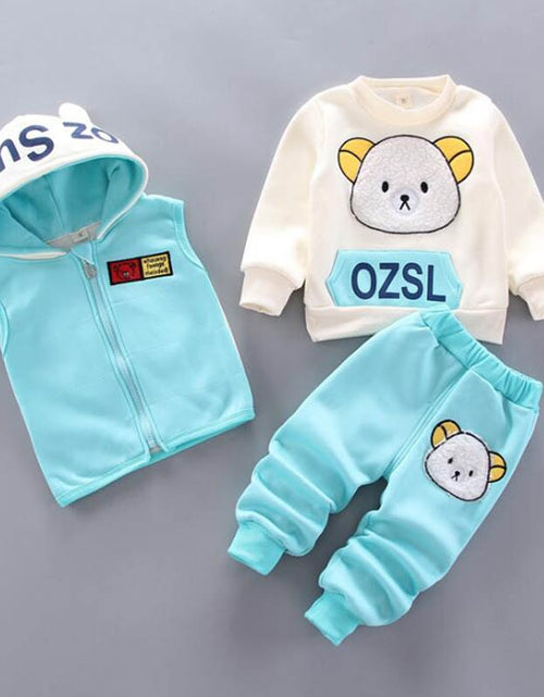 Load image into Gallery viewer, Baby Boys And Girls Clothing Set Tricken Fleece Children Hooded Outerwear Tops Pants 3PCS Outfits Kids Toddler Warm Costume Suit
