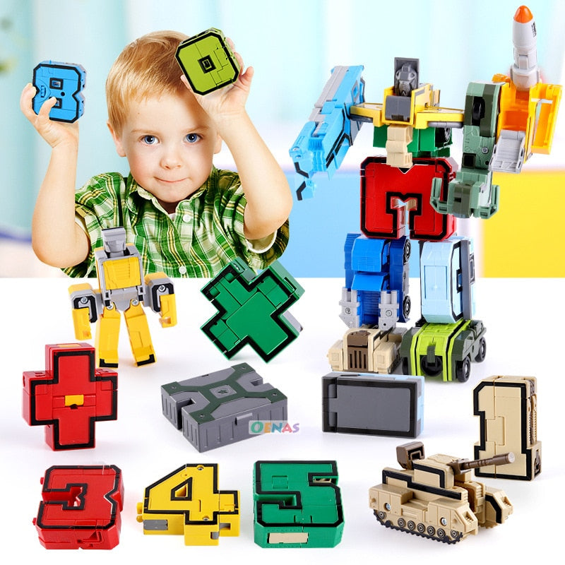 Educational Assemble Robots Transformation Building Blocks Action Figure Car Model Deform Number Letters Alphabet Math Toys