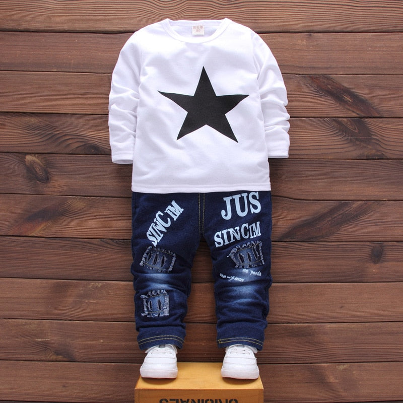 New Baby Boys Clothing Set Girls Cute Suits Denim Jeans Coat T-Shirt Pants 3PCS Star Outfit Toddler Kids Casual Cool Outerwear