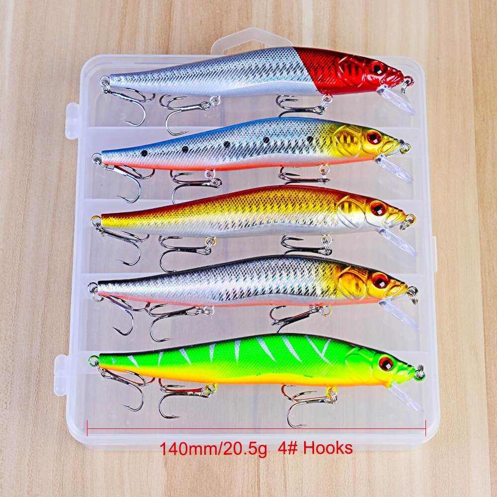 5 Pcs/Set Minnow Fishing Lures Crankbaits 20.5g 140mm Fishing Accessories With Storage Box