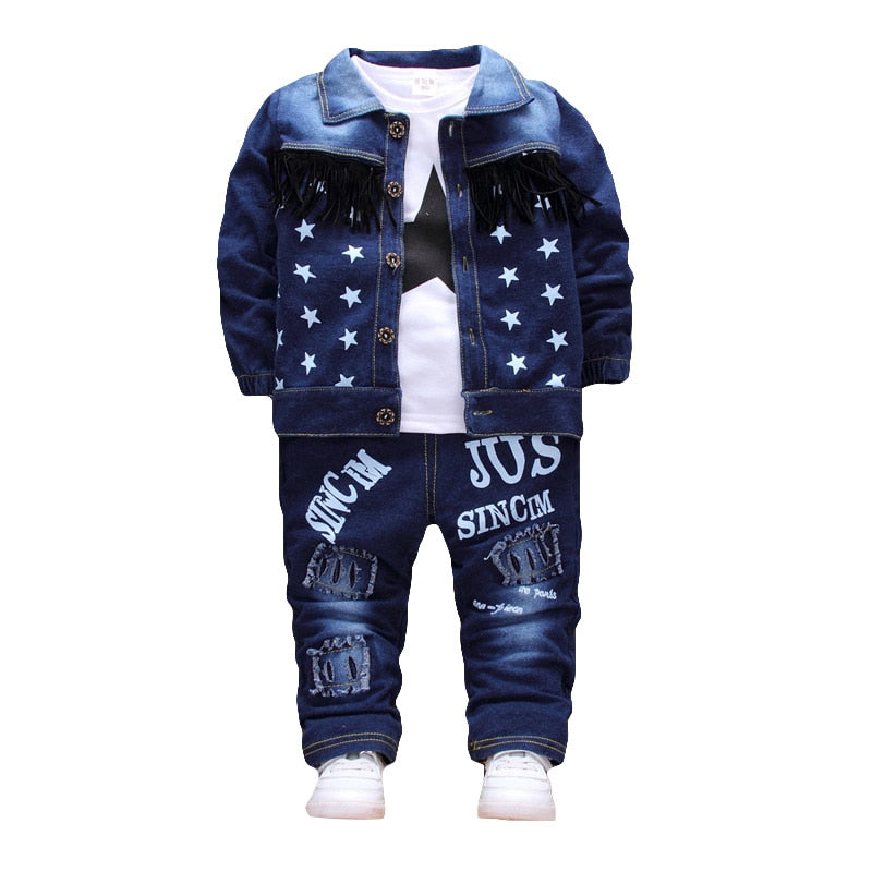 New Baby Boys Clothing Set Girls Cute Suits Denim Jeans Coat T-Shirt Pants 3PCS Star Outfit Toddler Kids Casual Cool Outerwear