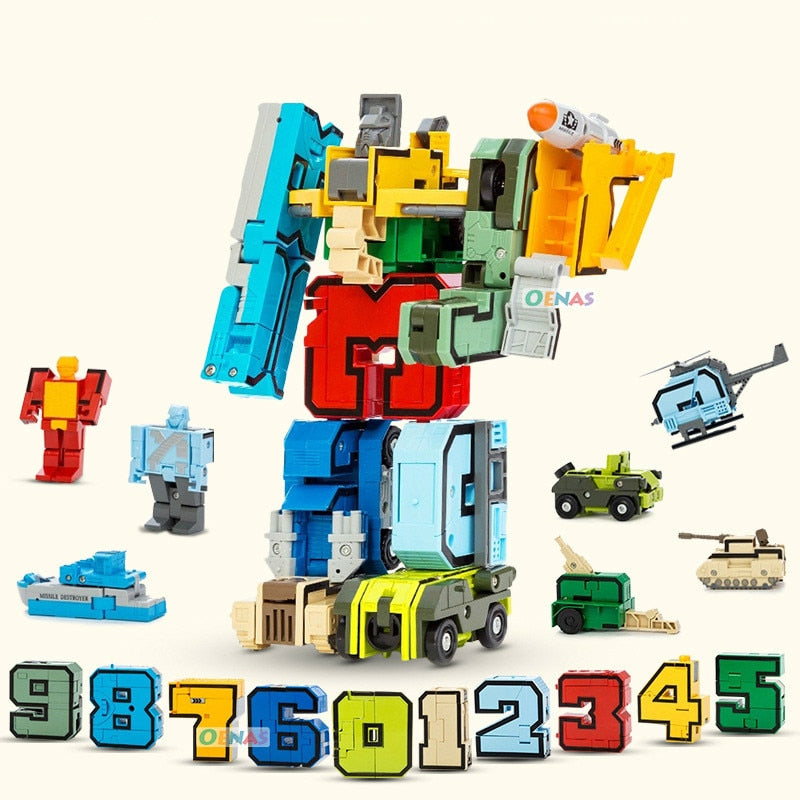 Educational Assemble Robots Transformation Building Blocks Action Figure Car Model Deform Number Letters Alphabet Math Toys