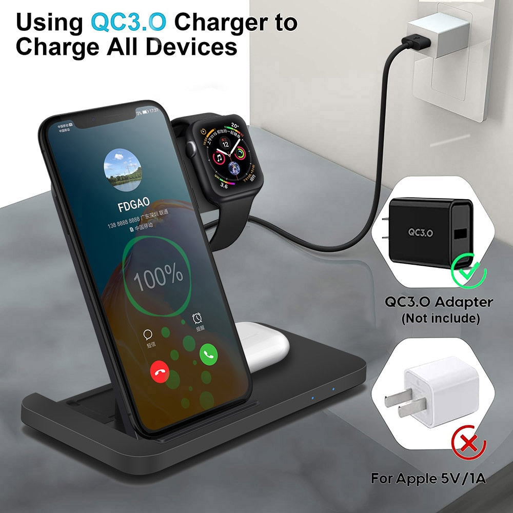 15W Fast Wireless Charger Dock Station For iPhone 14 13 12 11 XS XR X 8 Apple Watch 8 7 6 SE 5 AirPods 3 Pro Charging Stand