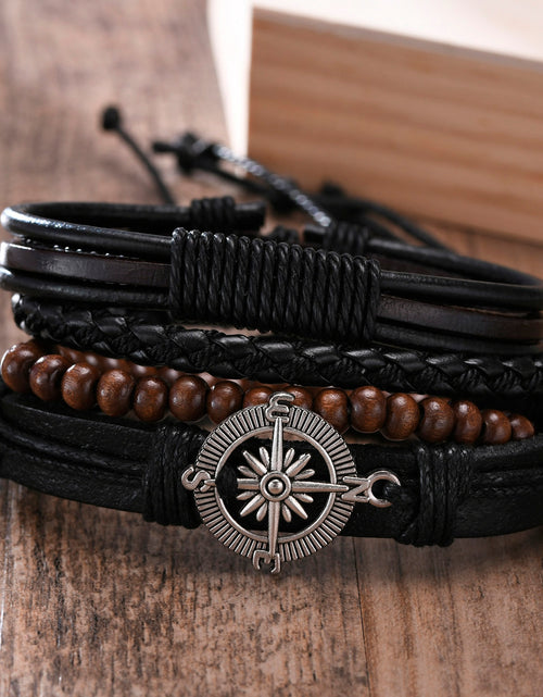 Load image into Gallery viewer, 4Pcs/ Set Braided Wrap Leather Bracelets for Men Vintage Life Tree Rudder Charm Wood Beads Ethnic Tribal Wristbands
