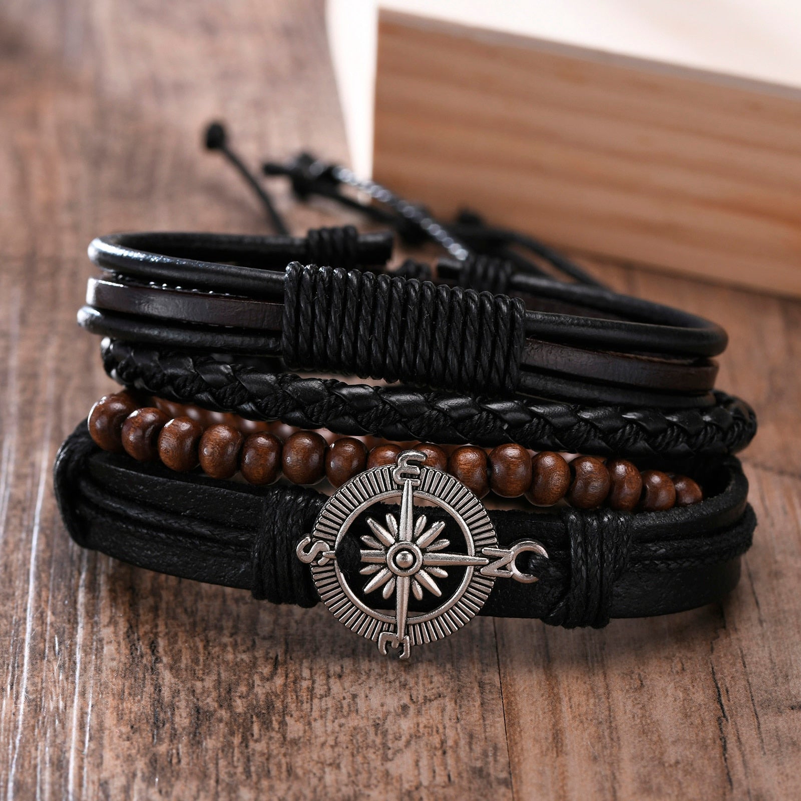 4Pcs/ Set Braided Wrap Leather Bracelets for Men Vintage Life Tree Rudder Charm Wood Beads Ethnic Tribal Wristbands