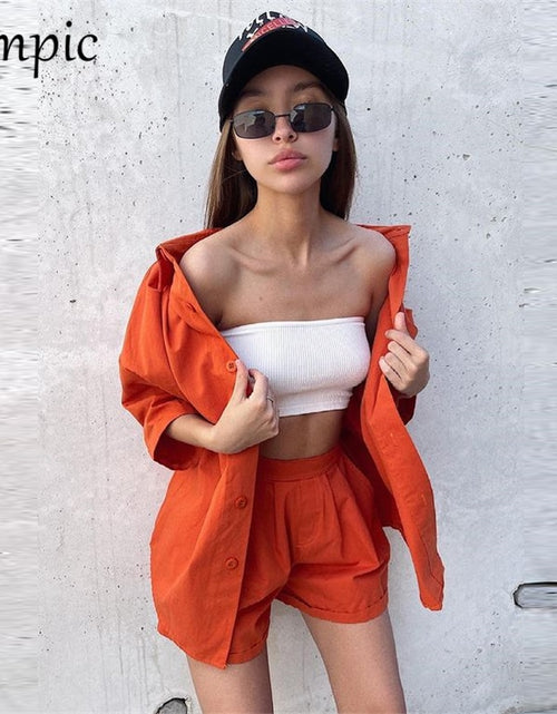 Load image into Gallery viewer, New Casual Summer Tracksuit Female Two Piece Set Solid Color Turn-Down Collar Short Sleeve Shirt Tops And Loose Mini Shorts Suit
