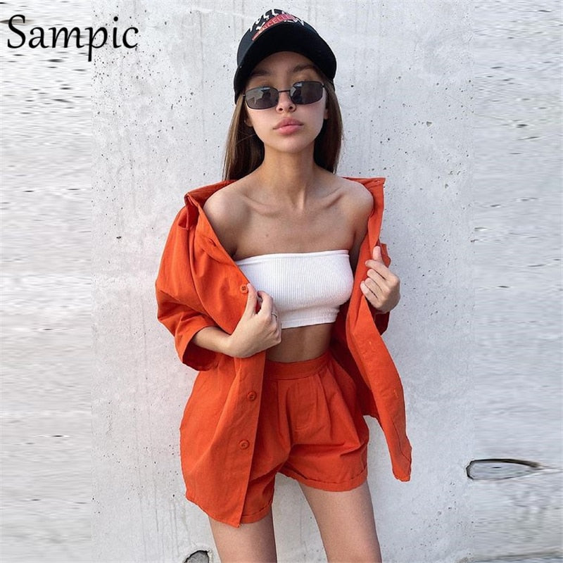 New Casual Summer Tracksuit Female Two Piece Set Solid Color Turn-Down Collar Short Sleeve Shirt Tops And Loose Mini Shorts Suit