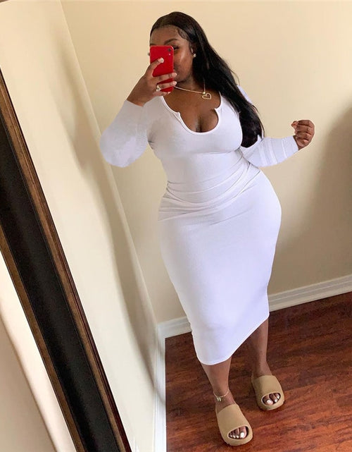 Load image into Gallery viewer, Plus Size Women Clothing O-Neck Solid Midi Dress Bodycon Sexy Fall Elegant Long Sleeve Dresses Party Wholesale Dropshipping
