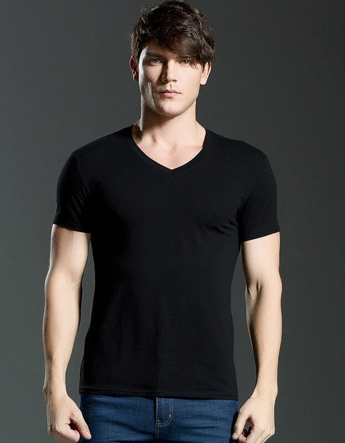 Load image into Gallery viewer, Brand New summer men&#39;s short-sleeved cotton T-shirt men&#39;s pure black casual slim v collar and o-neck Men&#39;s tops
