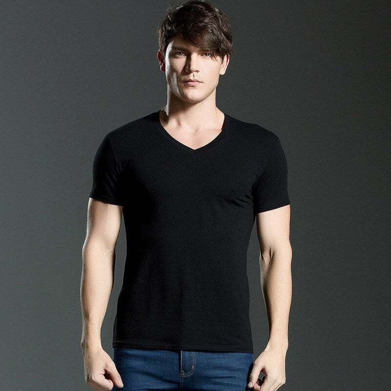 Brand New summer men&#39;s short-sleeved cotton T-shirt men&#39;s pure black casual slim v collar and o-neck Men&#39;s tops