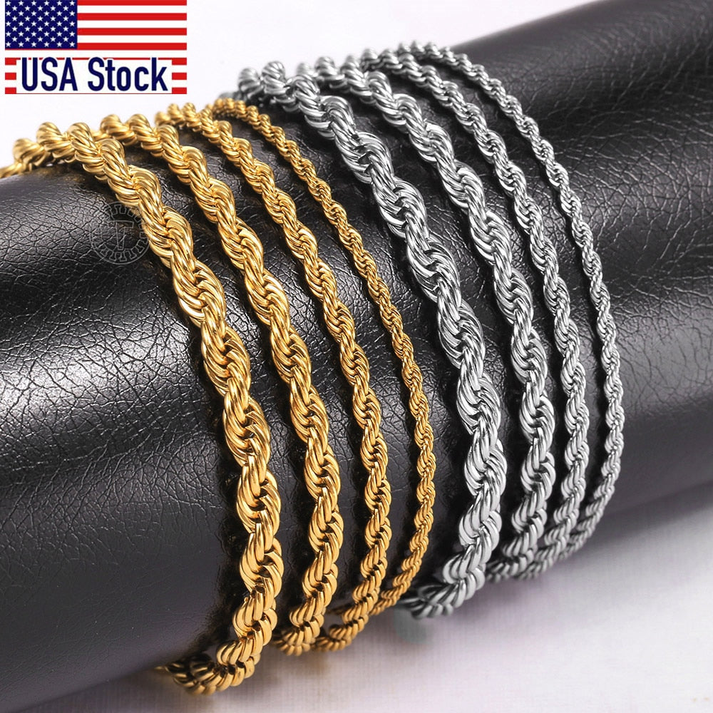 2/3/4/5mm Stainless Steel Twisted Rope Chain Bracelets for Women Men Fashion Punk Bangle Length Adjustable 18cm+5cm