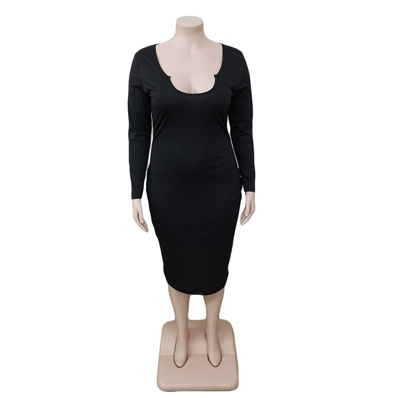 Plus Size Women Clothing O-Neck Solid Midi Dress Bodycon Sexy Fall Elegant Long Sleeve Dresses Party Wholesale Dropshipping