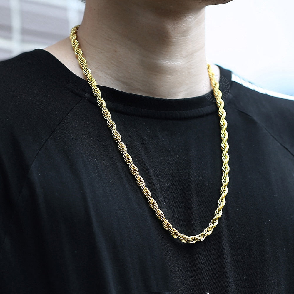 New Fashion Twisted Rope Link Chain Gold Color Stainless Steel Necklace for Men Unisex Chain Jewelry Gifts 22inch 3-7mm KNM178A