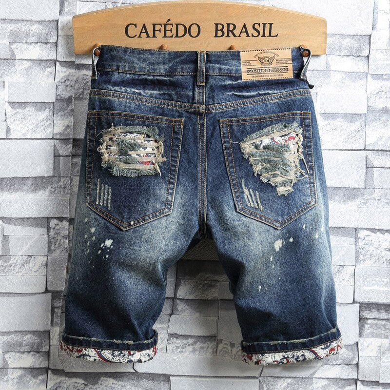 2022 Summer Men's Hole Denim Shorts men Fashion Casual Straight Fit Ripped Retro Biker Style Short Jeans Male Brand Clothing 40