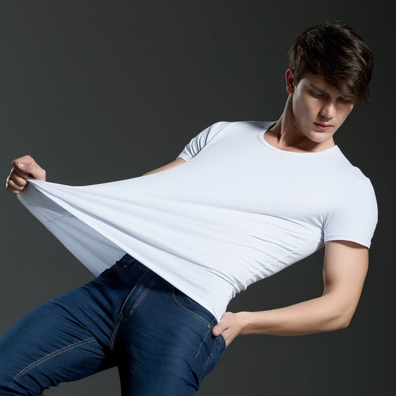 Brand New summer men&#39;s short-sleeved cotton T-shirt men&#39;s pure black casual slim v collar and o-neck Men&#39;s tops