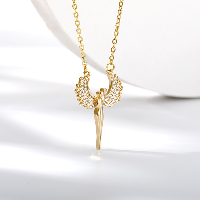 Wing Angel Necklaces Stainless Steel Gold Color CZ Necklace For Women Wedding Band Choker Cubic Zirconia Jewelry Bride Gift