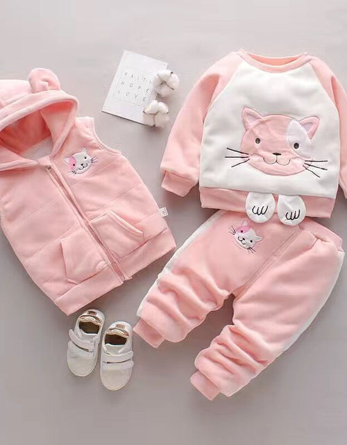 Load image into Gallery viewer, Baby Girls Clothing Set Autumn Winter Velvet Thick Warm Casual Hooded Sweater Cartoon Elephant 3Pcs Toddler Boys Clothes Suit
