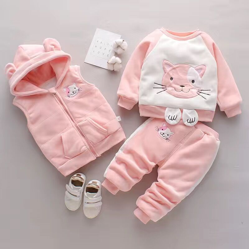 Baby Girls Clothing Set Autumn Winter Velvet Thick Warm Casual Hooded Sweater Cartoon Elephant 3Pcs Toddler Boys Clothes Suit