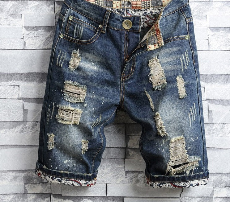 2022 Summer Men's Hole Denim Shorts men Fashion Casual Straight Fit Ripped Retro Biker Style Short Jeans Male Brand Clothing 40