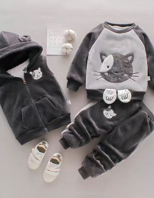 Load image into Gallery viewer, Baby Girls Clothing Set Autumn Winter Velvet Thick Warm Casual Hooded Sweater Cartoon Elephant 3Pcs Toddler Boys Clothes Suit
